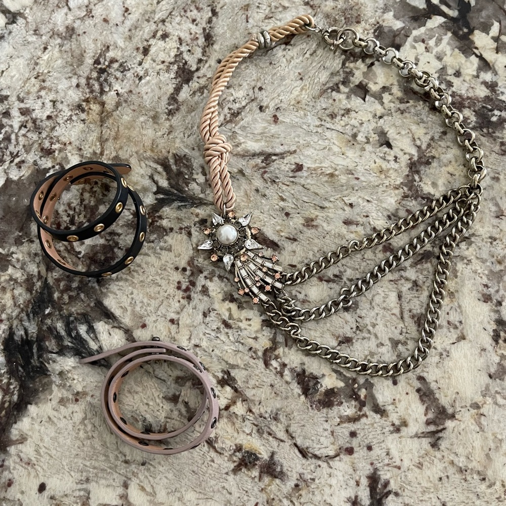 Anthropologie necklace and 2 cwonder wrap bracelets